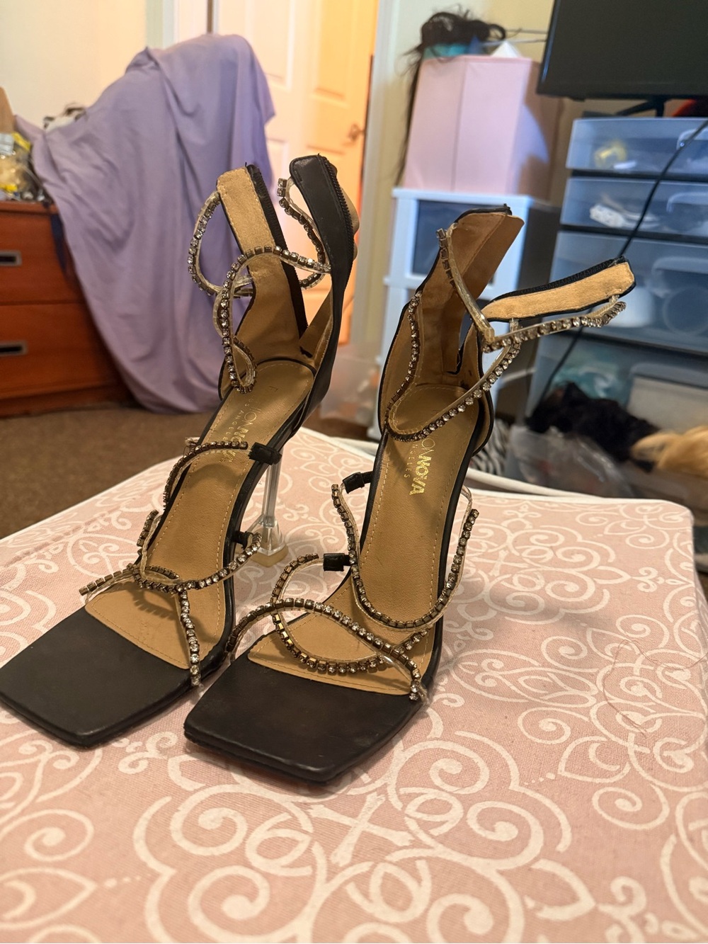 Fashion Nova Black Rhinestone Strappy Stiletto Sandals